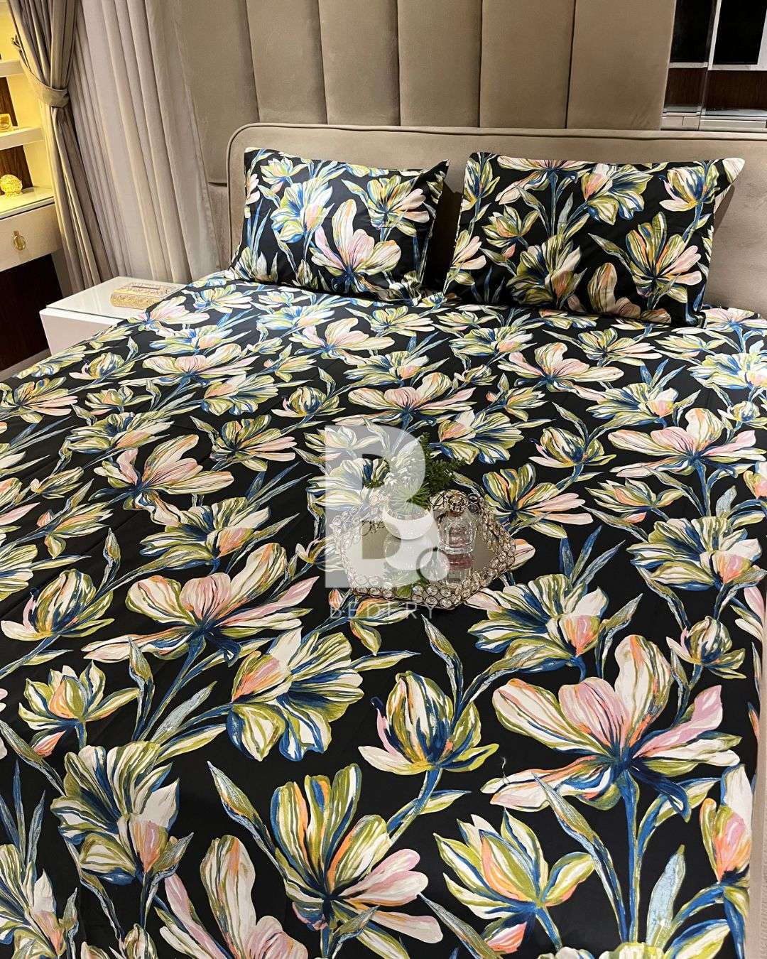 Midnight Bloom Percale Cotton Bedsheet